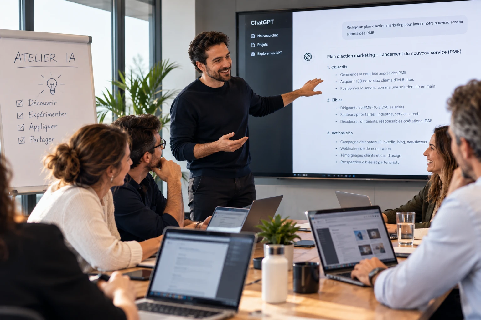 Un atelier IA en entreprise : un formateur présente un cas d'usage ChatGPT à ses collègues.