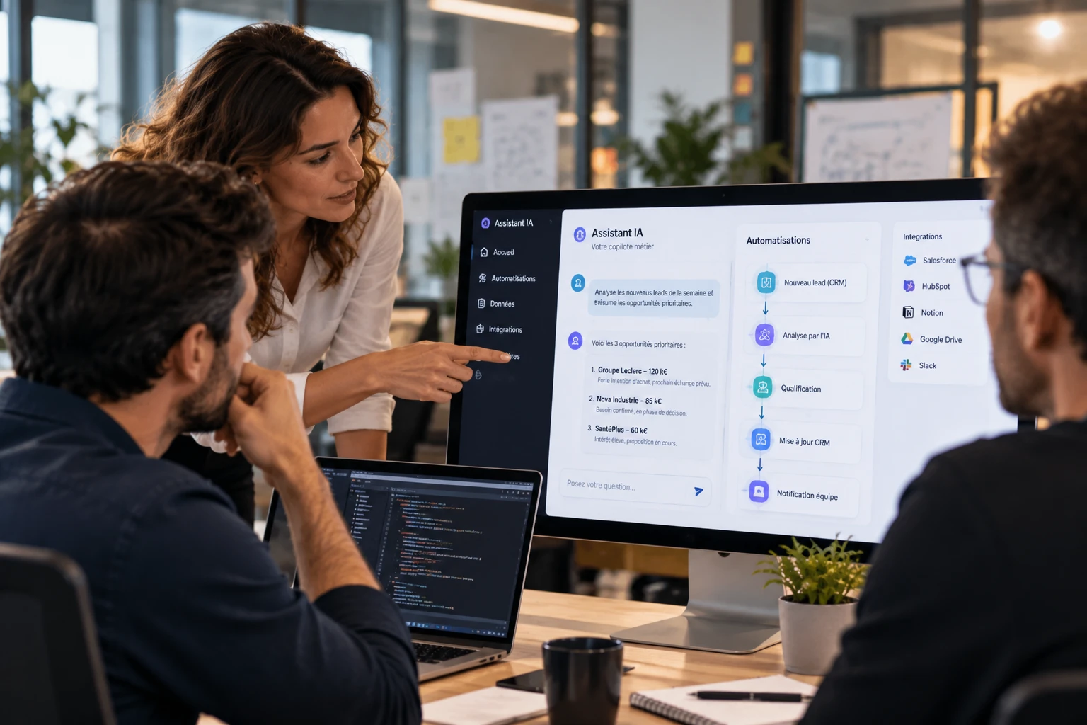 Deux collaborateurs consultent un assistant IA sur mesure connecté aux automatisations et intégrations de l'entreprise.